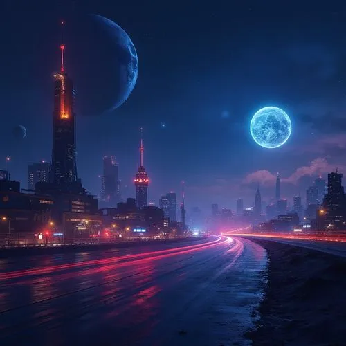 futuristic landscape,cosmodrome,lunar landscape,coruscant,moon and star background,nightscape,cartoon video game background,moonlit night,earth rise,night scene,homeworld,city at night,moonscapes,night highway,nighbor,coldharbour,dusk background,homeworlds,space port,lunar,Conceptual Art,Oil color,Oil Color 06