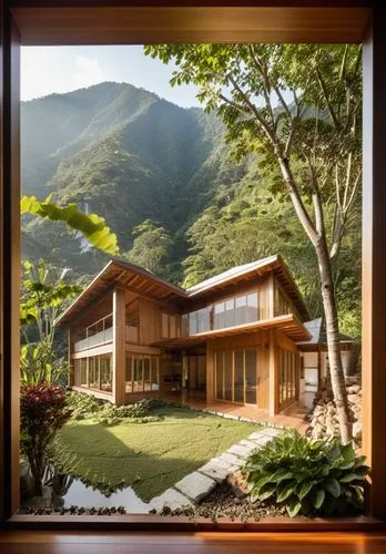 บ้านไม้ , ตั้งอยู่บนภูเขาที่เชียงใหม่,the inside of a window shows an image of a house in a valley,amanresorts,house in the mountains,house in mountains,ryokan,bohlin,timber house,Photography,General,