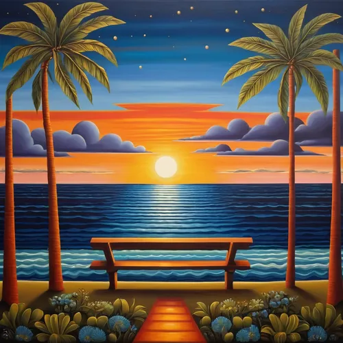 beach landscape,bench by the sea,sunset beach,coastal landscape,coast sunset,seascape,sea landscape,bench,beach chairs,sunrise beach,beach furniture,an island far away landscape,tropical sea,beach scenery,landscape background,waikiki beach,palmtrees,luau,landscape with sea,beach restaurant,Illustration,Abstract Fantasy,Abstract Fantasy 12