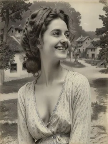 B&W photo of a nice smiling village beauty in 1900,an old time po of a woman wearing a dress,vintage female portrait,vintage woman,lovinescu,vintage girl,mercouri,retro woman,Photography,Black and whi