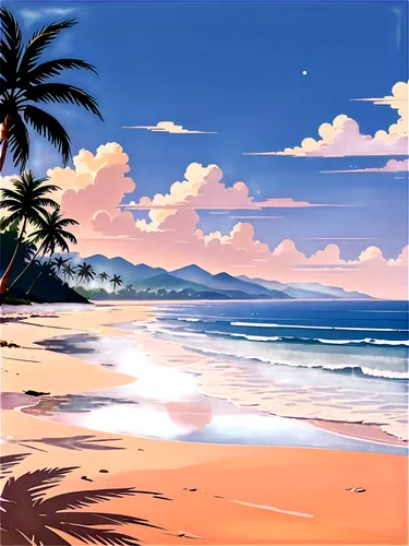 beach landscape,beach scenery,beach background,tropical beach,summer background,dream beach,lanikai,ocean background,bahama,tropical sea,vacansoleil,paradise beach,ocean,paraiso,honolulu,hawai,landscape background,mountain beach,beautiful beach,paradisus,Illustration,Japanese style,Japanese Style 06