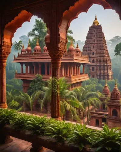 Ancient Indian temple, intricate carvings, ornate sculptures, vibrant colors, golden domes, towering spires, red stone walls, ornate pillars, delicate arches, beautiful mandalas, peaceful surroundings