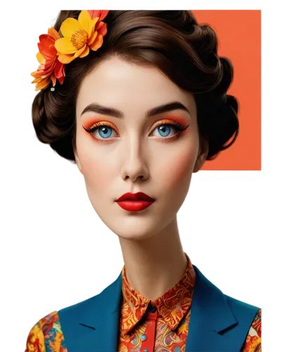 fashion vector,fashion illustration,geisha girl,vintage woman,retro woman,vintage makeup,vintage girl,orange marigold,geisha,retro girl,crown marigold,marigold,vintage floral,girl in flowers,orange rose,women's cosmetics,marigold flower,vintage women,stewardess,teal and orange,Illustration,Black and White,Black and White 25