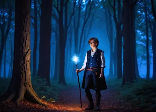 Wynx, young wizard, magical boy, slender build, messy brown hair, bright blue eyes, glasses with round lenses, white shirt with rolled-up sleeves, dark blue vest, black pants, leather boots, holding a