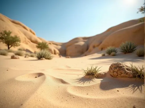 Warm beige sand, coarse granular texture, natural earthy tone, desert landscape, sandy dunes, cactus plants, hot sunny day, clear blue sky, vast open space, organic formations, intricate patterns, wea