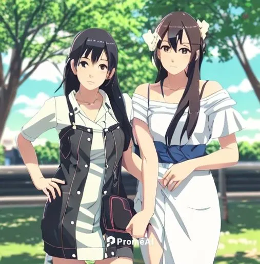 two beautiful women in the park,azusa nakano k-on,anime japanese clothing,summer clothing,kantai collection sailor,two girls,gomashio,kantai,euphonium,overalls,nurse uniform,honolulu,hiyayakko,azuki b