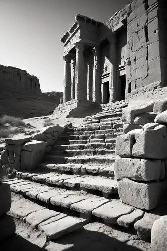 Ancient ruin, mysterious temple, crumbling stone walls, intricate carvings, vines crawling up columns, worn stone stairs, artifact-filled excavation site, sandy desert background, sunny afternoon, war