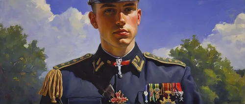 military person,military officer,oil painting,policeman,yuri gagarin,military uniform,khokhloma painting,a uniform,zhupanovsky,oil on canvas,oil painting on canvas,red army rifleman,colonel,1943,13 august 1961,brigadier,medals,gallantry,1944,portait,Illustration,Realistic Fantasy,Realistic Fantasy 30