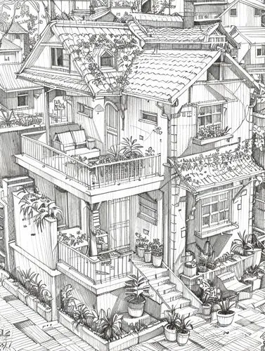 house drawing,trajan's forum,japanese architecture,ancient roman architecture,ancient rome,chinese architecture,ancient city,hand-drawn illustration,tenement,escher,street plan,urban design,apartment 