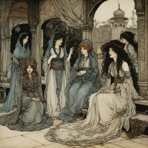 muharem,rhinemaidens,maidens,norns,arthur rackham,priestesses,countesses,mucha,courtiers,enchanters,ceremonials,widows,foundresses,duchesses,dieckmann,accolade,fates,canonesses,companias,muses,Illustration,Retro,Retro 25