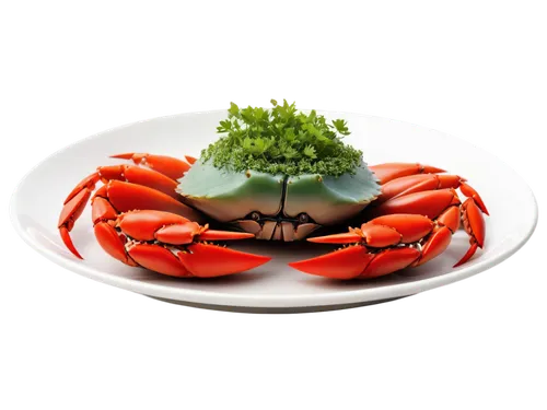 Crab, seafood, realistic texture, detailed shell, bright red eyes, sharp claws, succulent meat, steamed cooking method, white plate, garnish with parsley, 3/4 composition, shallow depth of field, warm