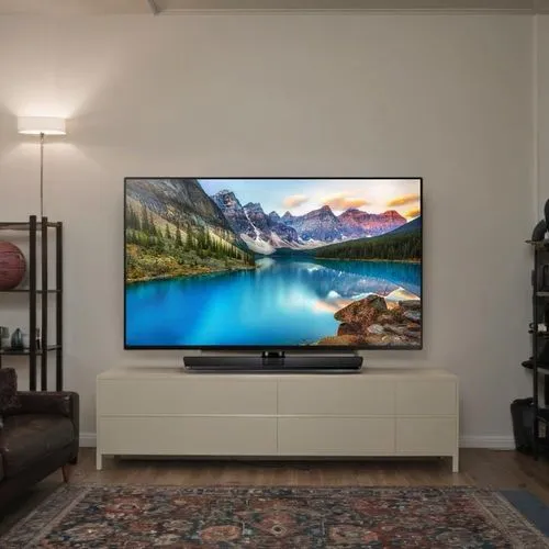 In a spacious living room, a large screen displays a vibrant display of sports equipment. The screen displays various sports and sports articles and drawings, and the screen displays a series of color