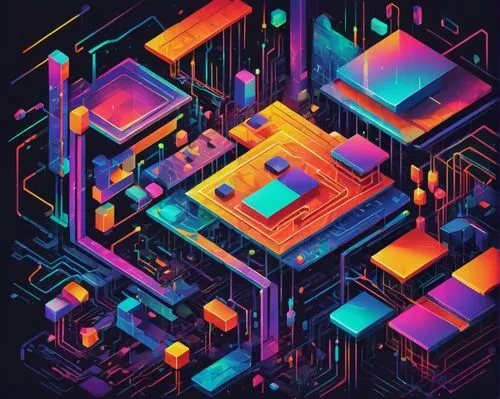 Pixel art, 8-bit retro style, grid-based design, bright vibrant colors, neon lights, futuristic cyberspace, low poly characters, geometric shapes, abstract patterns, digital noise, glitch effects, 3D-