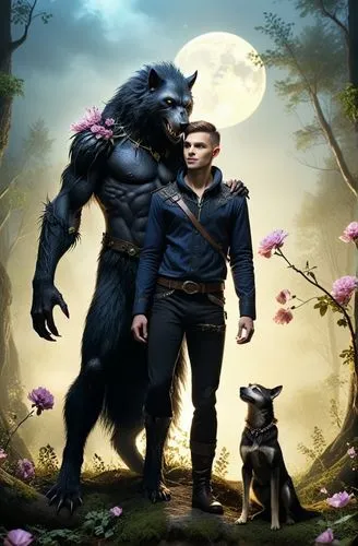 A werewolf with digitigrade legs, covered in black fur holding a glowing blue flower up to a man in medieval attire. The two stand in a dark, enchanted forest, under a full moon. The forest floor is c