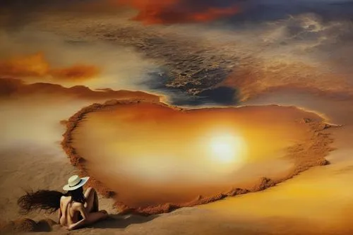 Passion Sexy Painting ,Naked Woman  Abstract Body Art Oil Painting,a woman wearing a hat is sitting in the sand by a large heart painted on the wall,girl on the dune,golden heart,fire heart,love in ai