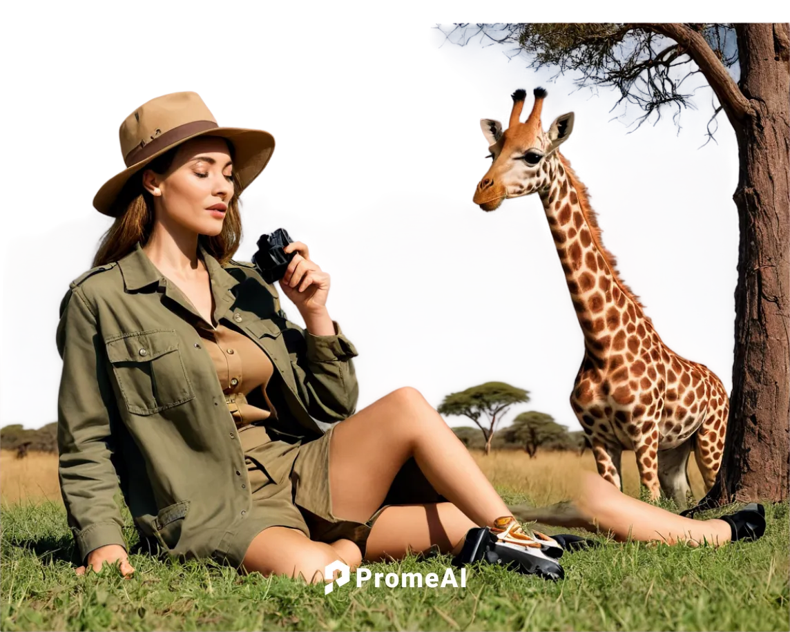 African savannah, sunny day, acacia tree, grassland, giraffe eating leaves, lioness sleeping, safari tourist wearing khaki clothes and hat, holding camera, taking photo, warm lighting, cinematic compo