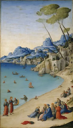 Describe a peaceful beach with people sunning themselves.,botticelli,raffaello da montelupo,landscape with sea,beach landscape,saint martin,baptism of christ,lido di ostia,carpaccio,rimini,fresco,san 