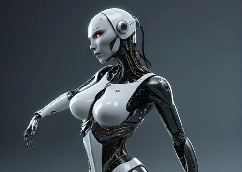 chica cyber robot su cuerpo  
tiene parte de metal blanco y otras parte transparentes con una pose seductora ,an animated robot woman in white and black,fembot,humanoid,cortana,cyberdyne,irobot,gynoid