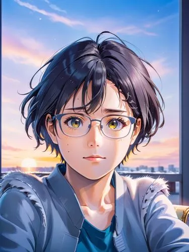 a man sitting down with his eyes half closed and wearing glasses,ritsuko,yukito,eiji,hausser,heiji,yumei,Anime,Anime,Realistic