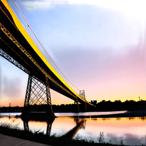 Memphis Bridge, yellow arch, steel structure, suspension cables, river underneath, sunset background, vibrant colors, 3/4 composition, low-angle shot, warm lighting, cinematic atmosphere, detailed riv