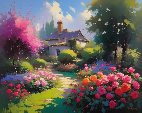 home landscape,cottage garden,flower painting,flower garden,springtime background,landscape rose,splendor of flowers,spring morning,summer cottage,cottage,colors of spring,bright flowers,spring garden,giverny,hollyhocks,flower shop,rural landscape,meadow in pastel,blooming roses,colorful roses,Conceptual Art,Sci-Fi,Sci-Fi 22