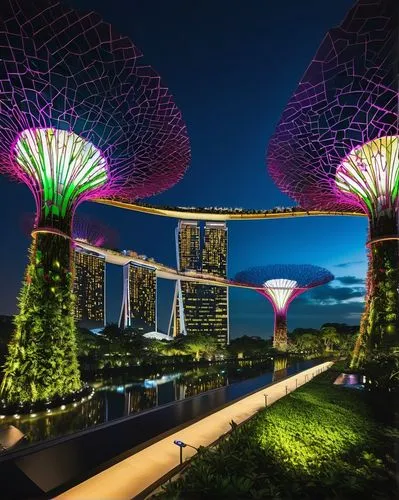 Singapore cityscape, Gardens by the Bay, Marina Bay Sands hotel, ArtScience Museum, futuristic architecture, sleek lines, steel and glass materials, reflective surfaces, vibrant night lighting, bustli