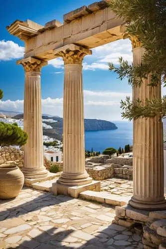 Ancient Greek architecture, white marble columns, ornate carvings, intricate sculptures, blue domes, rustic stone walls, narrow cobblestone streets, traditional Greek village, Mediterranean sea views,