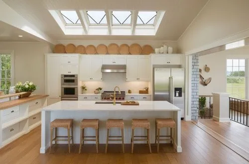 Classic white kitchen, White roof.
Marble sill. 4 barstools, 4 pendant lump above the sill.,white kitchen with skylights and wood floors,modern kitchen interior,kitchen interior,kitchen design,modern 