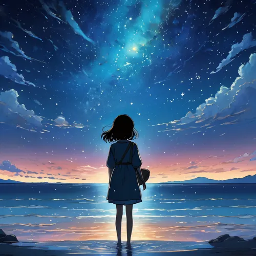 starry sky,star sky,falling star,cosmos wind,falling stars,starlight,cosmos,universe,stargazing,the night sky,earth rise,night sky,the stars,starscape,the endless sea,starry,astronomer,the horizon,studio ghibli,wonder,Illustration,Japanese style,Japanese Style 14