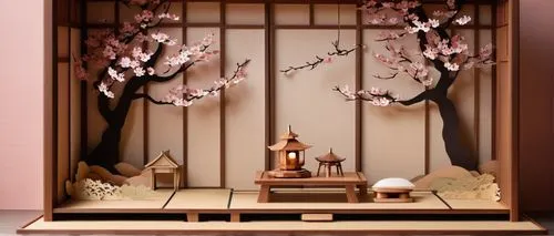 Traditional Japanese-style room, sliding shoji doors, tatami mats, low seating, minimalist decor, natural materials, paper lanterns, bonsai trees, subtle lighting, warm wood tones, cherry blossom patt