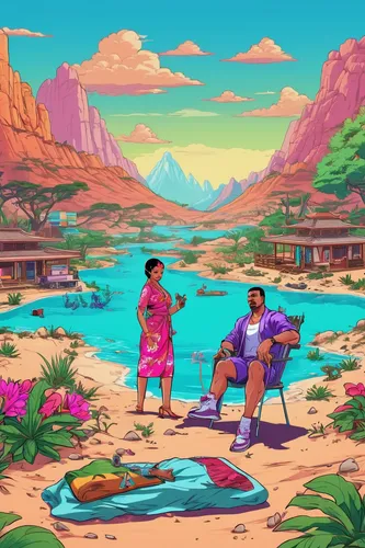 digital nomads,oasis,idyllic,nomad life,background screen,tropics,summer background,travelers,flowerful desert,zion,africa,beach goers,game illustration,desert background,background image,el dorado,saturated colors,agua de valencia,would a background,retro background,Illustration,Vector,Vector 19