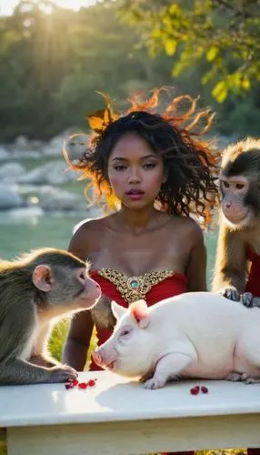 a group of four monkeys gather around a small white table, watching as a giant pig nibbles on a plump pebble. Each of them wears a red emerald necklace, and one of them dons a red jacket and white pan