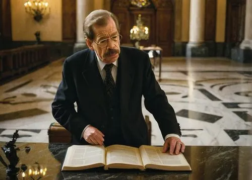 Vaclav Havel, middle-aged man, Czech president, suit, tie, glasses, balding hair, mustache, serious expression, standing, Prague city hall, marble floor, grand staircase, ornate chandelier, European-s