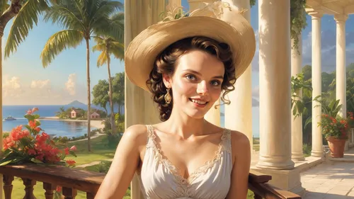 proprietress,principessa,tropico,cuba background,panama hat,promenade