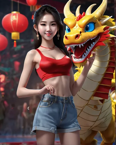    photorealistic  of Spring Festival, Dragon New Year, Cute Girl Partying (((((18 years old))))), ((perfect fitness hardbody)), ((((huge perfect beautiful chest)))) 8K,dragon li,chinese dragon,chines