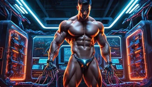 electro,sci fi surgery room,cyborg,cyber,voltage,muscular system,cyberpunk,cybernetics,electrician,electrical,sci fiction illustration,neon human resources,3d man,biomechanical,transformer,sci fi,cyberspace,neon body painting,man with a computer,scifi,Unique,3D,Isometric