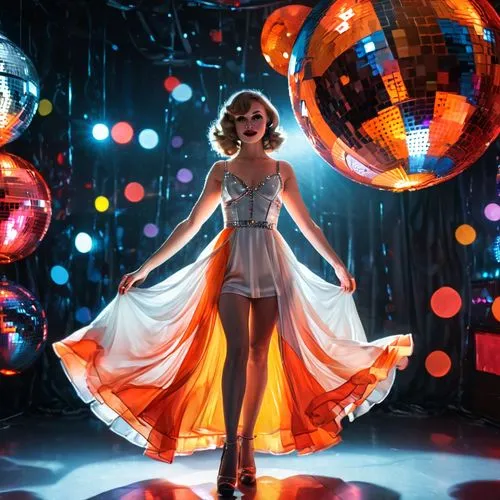 transistor,disco ball,mirrorball,cosmogirl,sci fiction illustration,prism ball,dazzler,harmonix,mirror ball,world digital painting,disco,cinderella,carrie,dancefloor,discotheque,party dress,stellar,satine,crystallize,fluorescents,Illustration,Realistic Fantasy,Realistic Fantasy 38