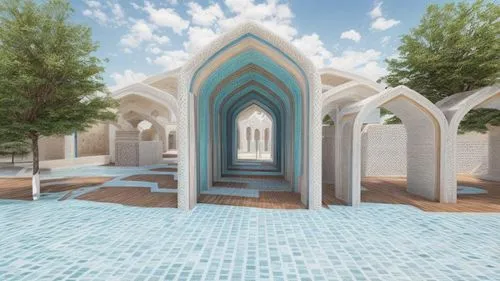 Realistic rendering of the Aghamiri Art Cultural Foundation with Iranian arches and white, pale blue and turquoise colors. 
And the background of the city should be a building and not the sea 
And the