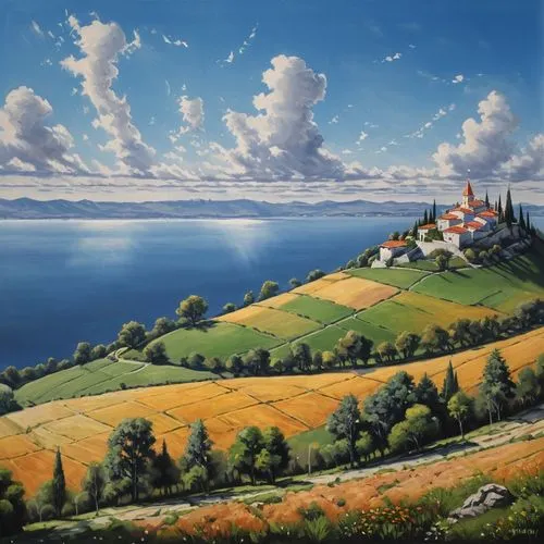 lake neuchâtel,panoramic landscape,lavaux,lake garda,tuscan,murten morat,landscape,istria,home landscape,frederic church,vaud,landscape background,high landscape,autumn landscape,lake thun,church painting,idyll,motif,lake geneva,escarpment,Illustration,Paper based,Paper Based 02