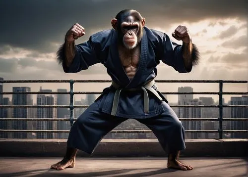 Mature muscular chimp, karate gi, white belt, intense focused eyes, serious facial expression, sweat droplets on forehead, powerful chest, strong arms, toned legs, standing pose, feet shoulder-width a