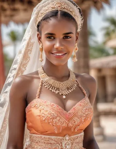 Beautiful sexy ivorian bride, smiling, in a traditional dress at her luxurious wedding. Outdoor, sunshine, tropical. Photorealistic. complete delicate facial makeup red lipstick, very long eyelashes, 