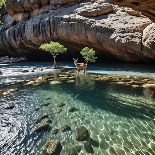 view of trees and river from the stone cave, black and white, deer in the river, Ansel Adams photography,realistic,8k , ultra-high definition,the deer is standing in the water of the river,cave on the