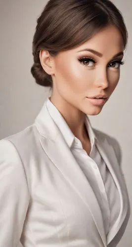 photography-documentary photography 04, portrait, beautiful female, brown hair, brown eyes, nice smile, wearing a fit and flattering white suit, minimalistic, studio background, 2:3,secretarial,bussin