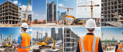 Modern architecture design, construction site, busy workers, hard hats, reflective vests, tool belts, laptops, blueprints, steel beams, concrete mixers, cranes, excavators, scaffolding, cityscape, urb