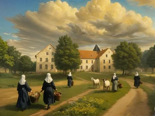 fix and adjust nun's feet and shoes, Evenly add short field grass and small wild flowers to the foreground, several gray geese with yellow chicks, image style: oil painting.,the three women are walkin