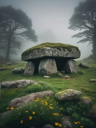 mushroom landscape,dolmen,megalithic,mushroom island,lanyon quoit,burial chamber,druidic,megaliths,neolithic,stone circles,round hut,druidism,toadstool,erratics,dartmoor,moss landscape,cloud mushroom,druids,cromlech,stone oven,Illustration,Black and White,Black and White 12