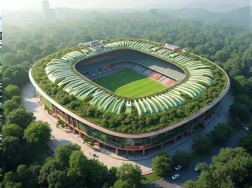 Eco-friendly stadium, lush green roofs, solar panels, wind turbines, rainwater harvesting systems, recycled materials, natural ventilation, large windows, transparent fa\u00e7ade, minimal waste design