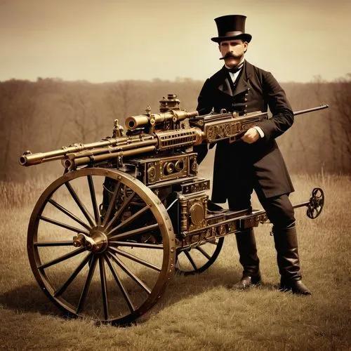 19th century photograph of Steampunk Fixed mounted Machinegun,blunderbuss,reenactor,field gun,salmson,musketry,artilleryman,steam car,steampunk,steam roller,wagonmaster,colt 1873,tower flintlock,gunfi