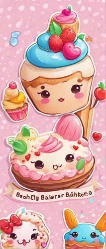 Design a cute cartoon logo for a bakery!,ice cream icons,cupcake background,kawaii ice cream,ice cream maker,stylized macaron,variety of ice cream,soft ice cream cups,donut illustration,cupcake paper,