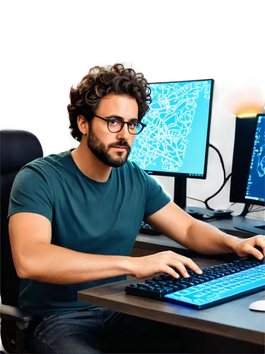 Gaming setup, dark background, mature man, casual wear, messy hair, glasses, beard, focused expression, hands on keyboard, mouse, gaming chair, desk lamp, multiple monitors, wires, controllers, snacks